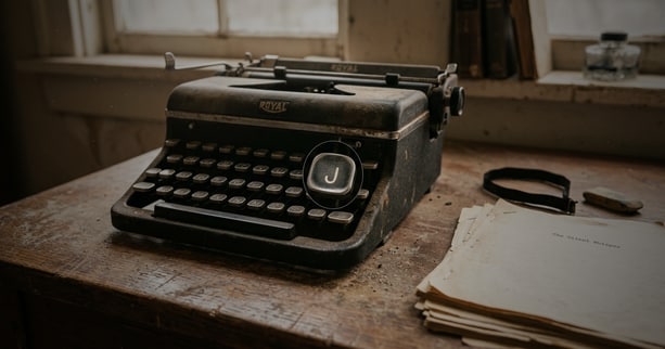 Máquina de escrever empoeirada com uma tecla brilhando sob luz de persiana: autores invisíveis viram referência no blog.